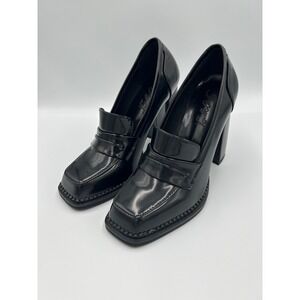 FOWT Black Faux Patent Square Toe Chunky Heel Penny Loafer Pumps‎ Women's 7.5